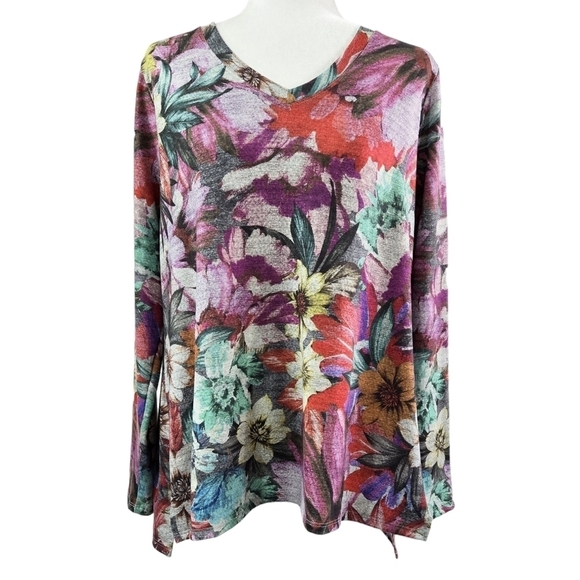 Soft Surroundings First Bloom Tunic Top Heather Gray Multicolor Floral PETITE - Picture 1 of 10